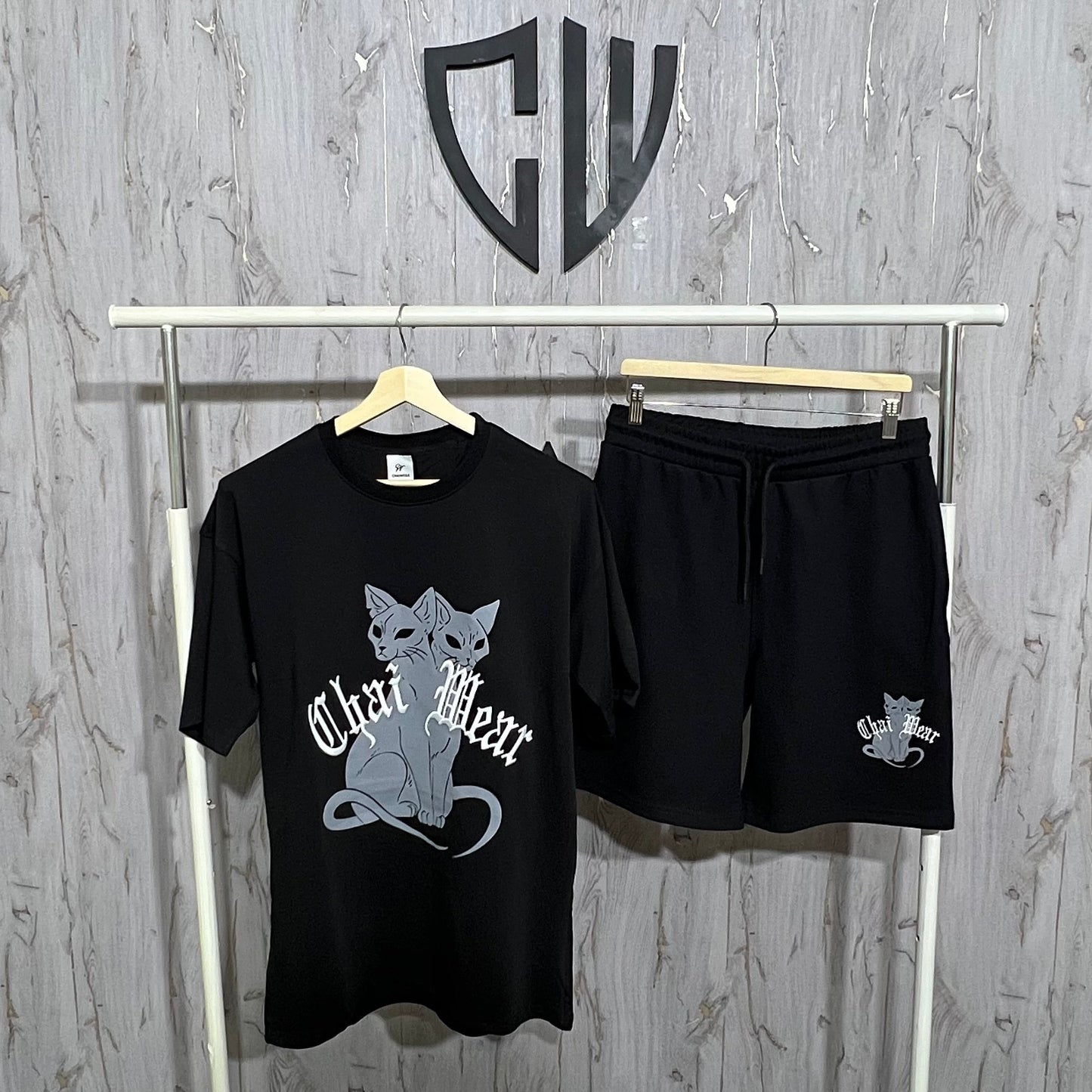 Ensemble Culotte et T-shirt oversize Chat et Broderie en coton lourd 320g / m²