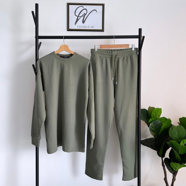 Complet Pantalon et Pull oversize en coton Vert kaki lourd 320 g