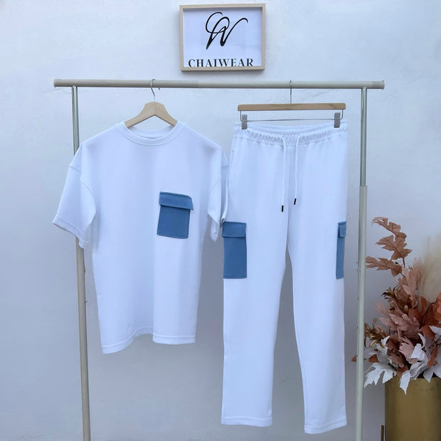 Complet Pantalon et T-shirt avec poches Couleur Blanc et poche en Bleu 320 g
