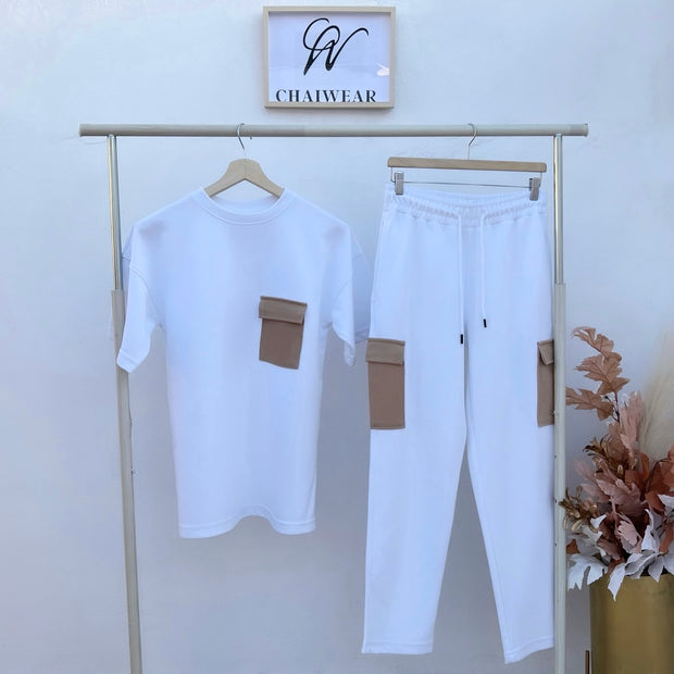 Complet Pantalon et T-shirt avec poches Couleur Blanc et poche en Beige 320 g
