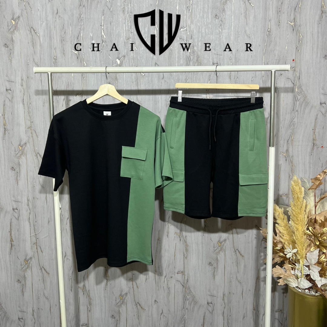 Ensemble Culotte et T-shirt oversize 2 couleurs avec poche en coton lourd 320g / m²