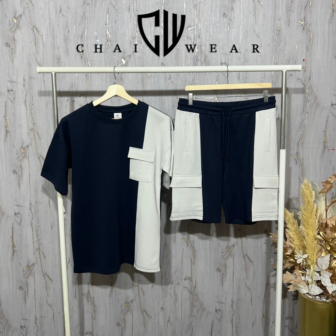 Ensemble Culotte et T-shirt oversize 2 couleurs avec poche en coton lourd 320g / m²