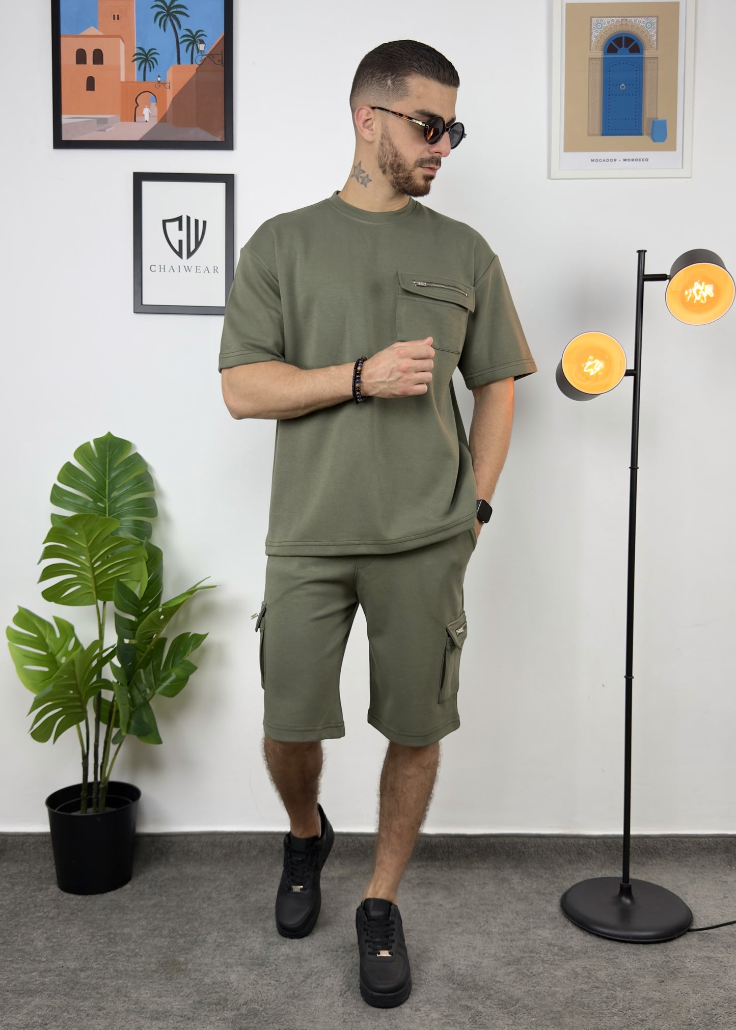 Short et T-shirt avec zip au rabat en coton lourd 320 GSM